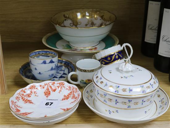 A Liverpool blue and white teabowl and saucer and one other 18th century and later ceramics